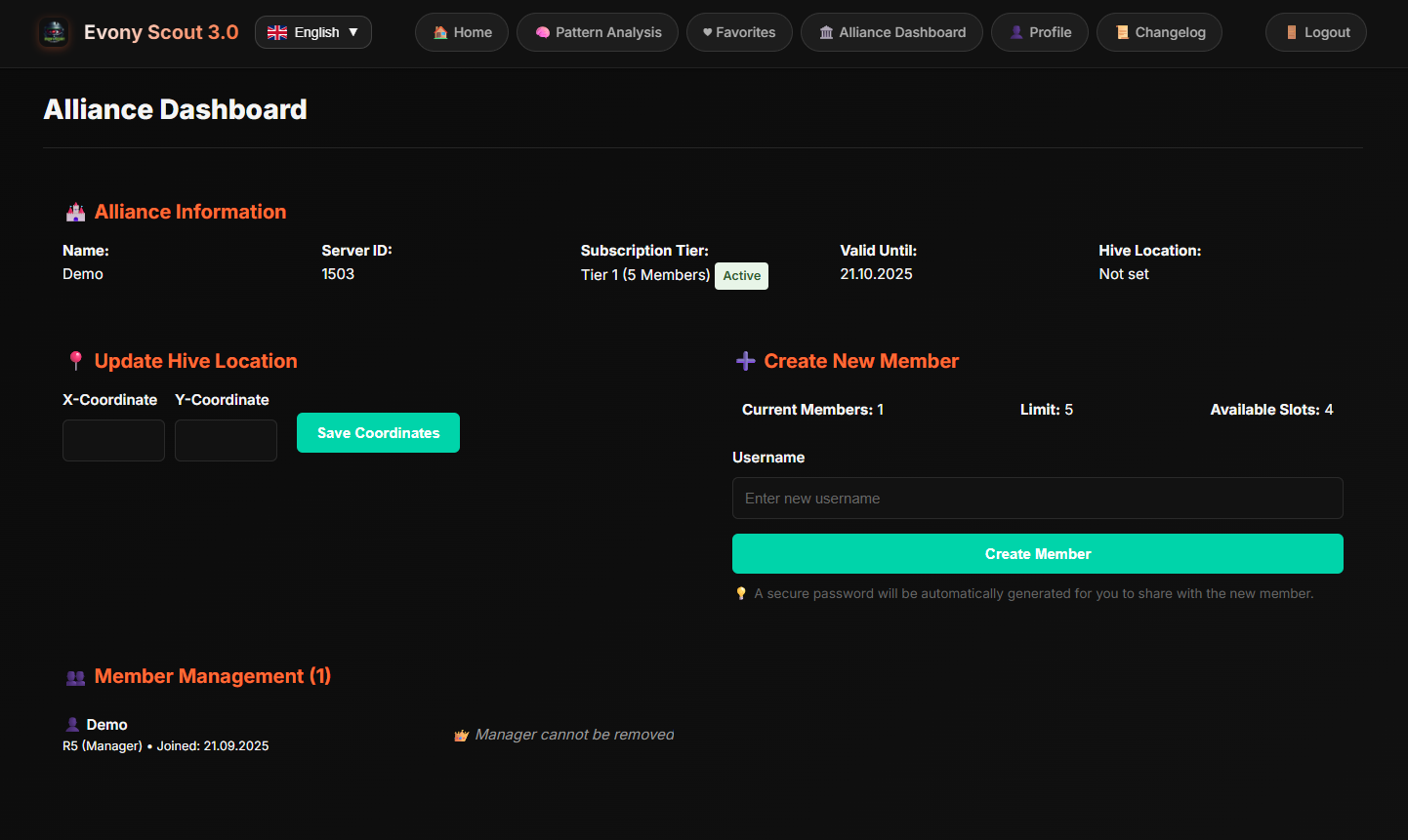 Alliance Dashboard of Evony Scout
